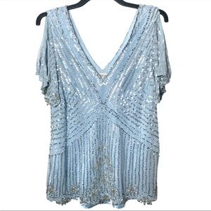 Together Blue Sequin Silk Blouse 16 NWT Y2K Fairycore Boho Sheer Party Top Plus